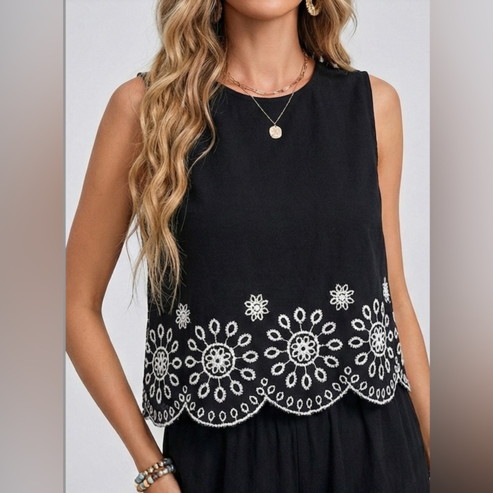 Boho Scalloped Hem Sleeveless Top & Wide Leg Pants Black - Picture 5 of 8